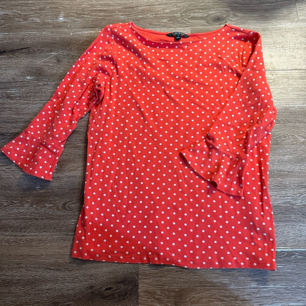 Lauren Ralph Lauren Polka Dot Long Sleeve Top Women’s 1X Pullover Bell Sleeve